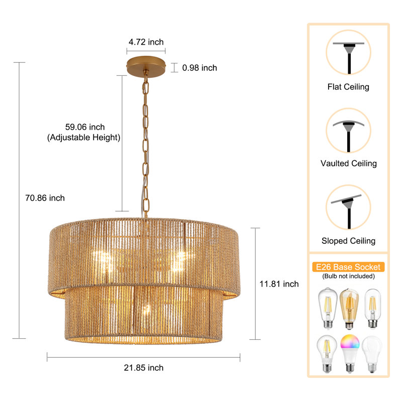 5-Lights Hand-Woven Rattan Pendant Light, Nature