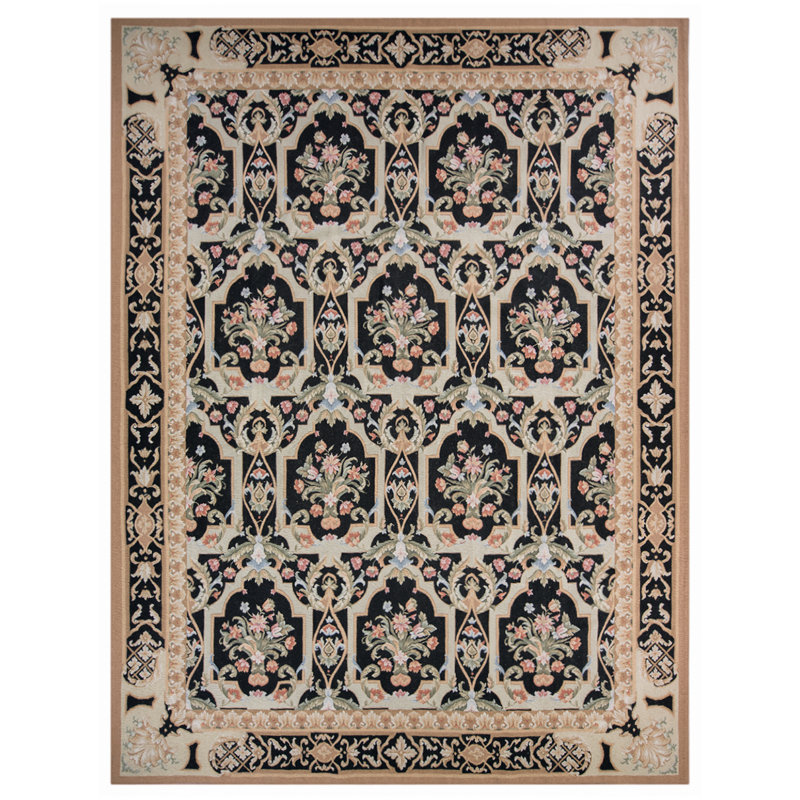 Tapis oriental en laine noué à la main en noir / beige / vert, Rectangle 8 pi x 10 pi