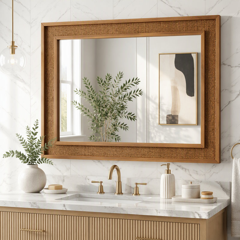 Rattan Rectangle Solid Wood Frame Mirror, 20"x30", Yellowish-Brown