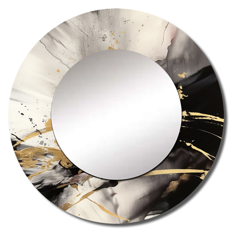 Gold and Grey Fluid Fusion II - Abstract Unique Wall Mirror Decor, Gold Large Round Mirror, Printed Metal Art, 36" x 36"