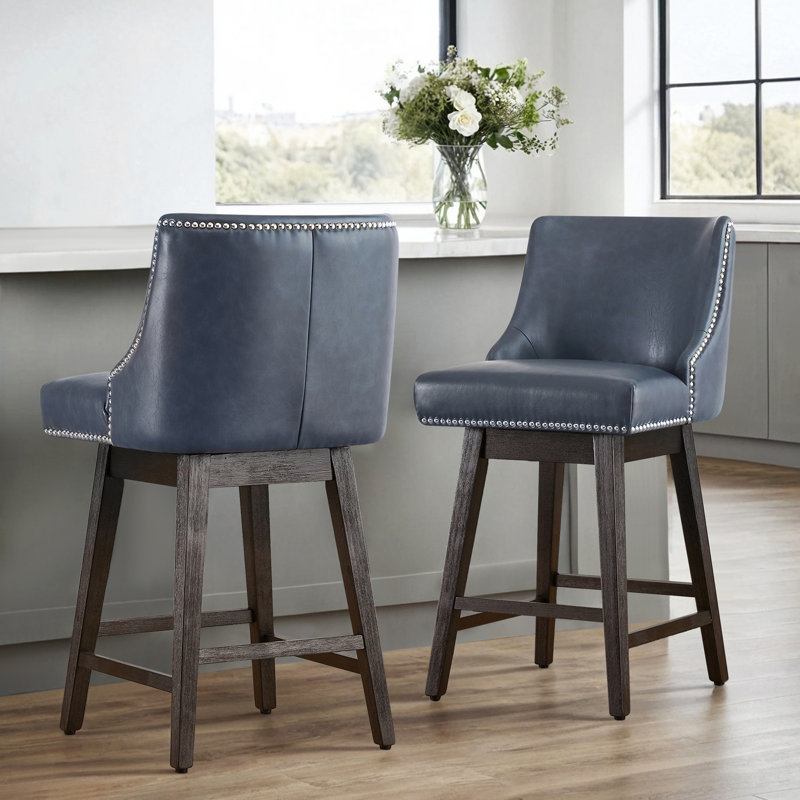 Tabouret de bar et de comptoir Arvelle, Tabouret de comptoir (siège d'une hauteur de 26 p, Similicuir galet bleu marine