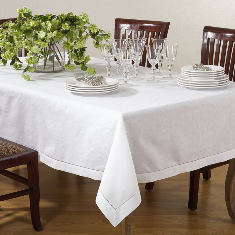 White Classic Hemstitch Design Linen Cotton Tablecloth, 45” Square