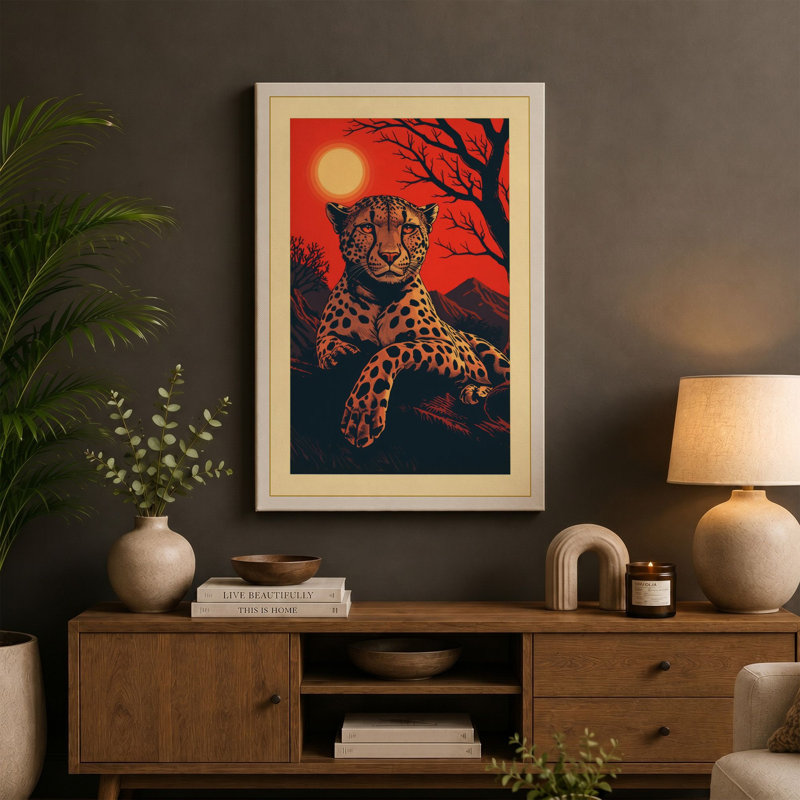 Leopard at Sunset Boho 1 Piece Wrapped Canvas Wall Art, 24x16 - 61.0 x 40.6 cm, Black Border