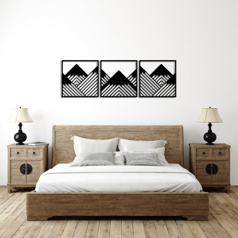 Ensemble de 3 décorations murales montagnes géométriques, Noir, H 32 po x l 96 po x P 0,12 po