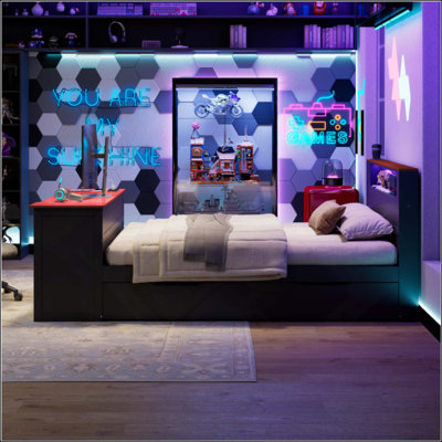 Wood Daybed With Trundle,Desk,LED Light And USB