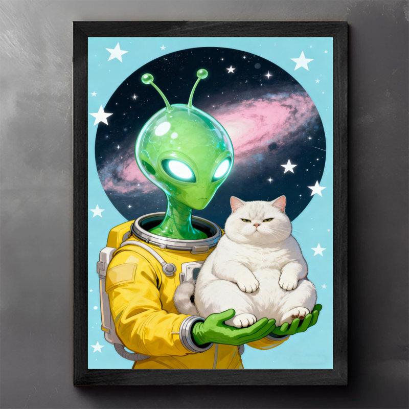 «Alien» encadré noir tenant un joli chat blanc dans l'espace, impressions sur toile de style rétro, H 17 po x l 13 po