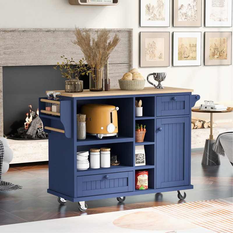 Plateau en bois massif à roulettes Litten, Bleu marine