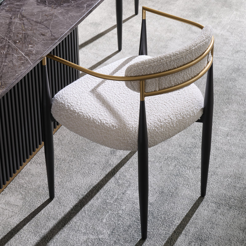 Metal Upholstered Dining Chairs, Beige Boucle, Black
