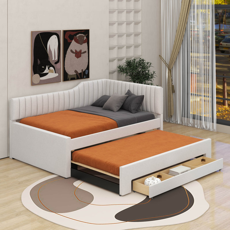 Lit de jour rembourré avec lit gigogne et trois tiroirs, Beige, Double