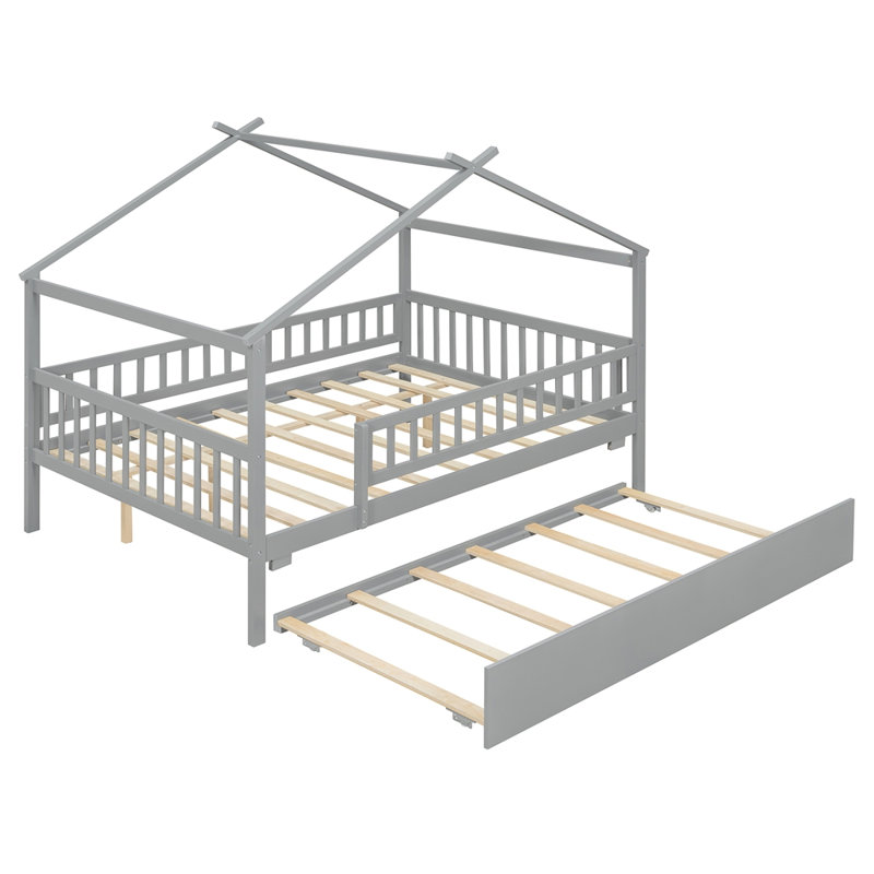 Lit double en bois avec lit gigogne, Grey, Full
