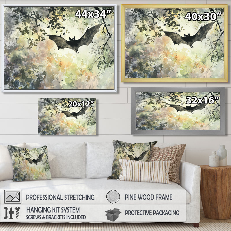 Silhouette ailée de chauve-souris dans le noir I - Art mural animal, H 12 po x l 20 po, Blanc