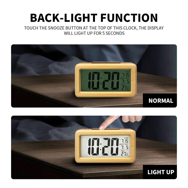 Bedroom Wooden Digital Alarm Clock Battery Powered With Smart Sensor Night Light, Temperature Detection, Snooze Function