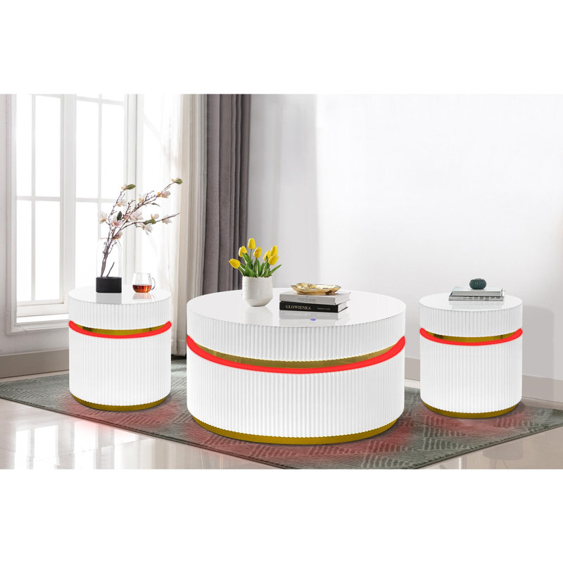 Ensemble de 3 tables basses rondes avec plateau en verre et lumières DEL