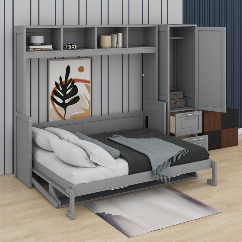 Grand lit escamotable avec placard et tiroirs, Gris