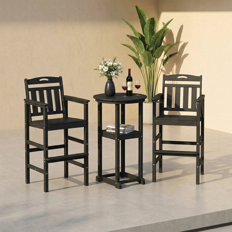 Outdoor HDPE 3-Pieces Patio Bar Sets with Bar Table and Chairs, Black