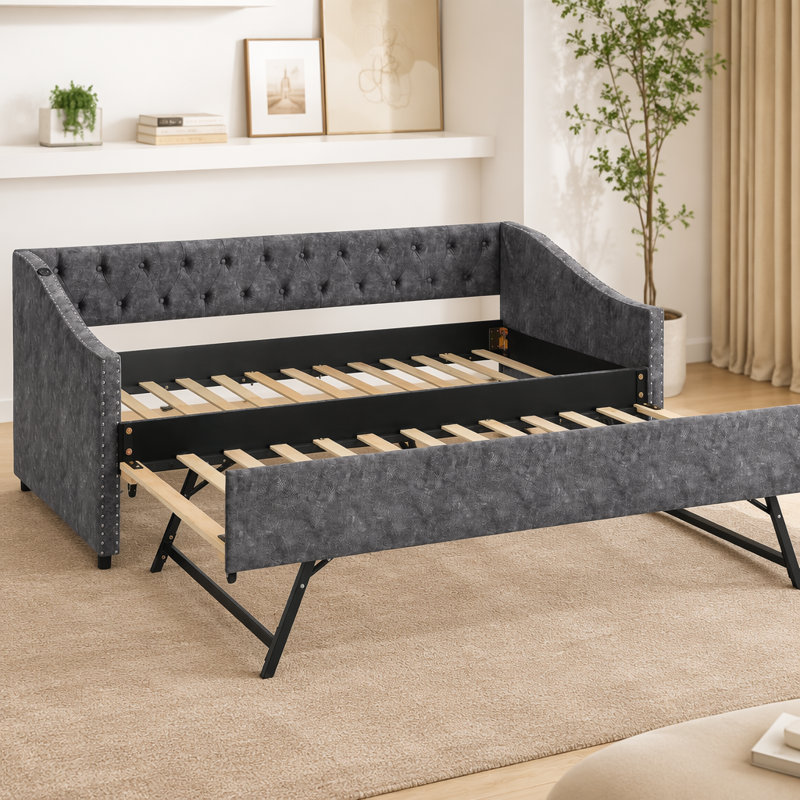 Lit de jour avec chargement USB et lit extensible escamotable, Lit simple, Gris