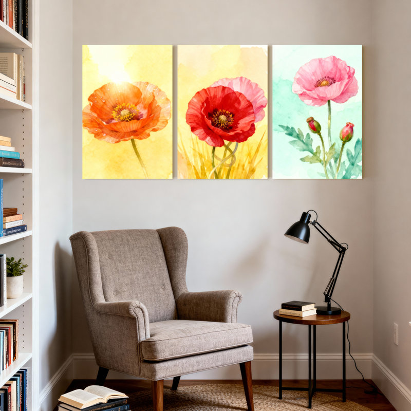 Aquarelle de fleurs de pavot, ensemble d'art mural sur toile tendue de 3 pièces pour le salon, la chambre ou le bureau