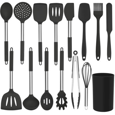 Ensemble d'ustensiles de cuisine en silicone, ensemble d'ustensiles de cuisine avec silicone résistant à la chaleur sans BPA et ensemble d'outils de cuisine en acier inoxydable (noir)
