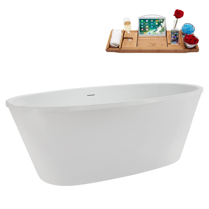 60" Streamline Soaking Glossy White Freestanding Tub and Tray With Internal Drain, Brushed Gold