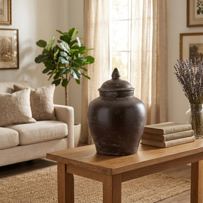 Decorative Tall Table Jar With Lid For Home Decor - Refined Terracotta Jar For Living Room Decor Or Shelf Accent - Brown