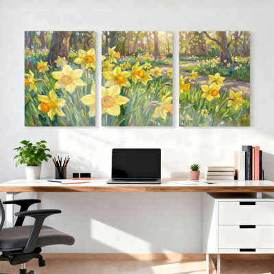 Ensemble de 3 tableaux sur toile « Jardin de jonquilles » pour la décoration du salon et de la chambre.