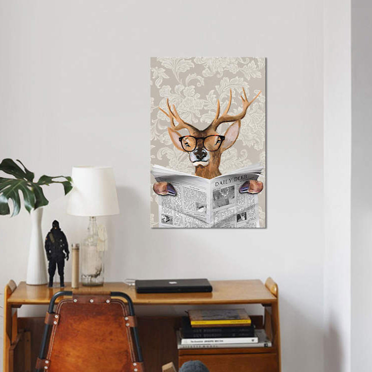 Deer Reading Newspaper by Coco De Paris - Print on Canvas, 66.04 cm H x 45.72 cm W x 1.91 cm D, No Frame