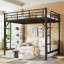 Lit mezzanine double en métal avec échelle et garde-corps, structure de lit en acier compacte noire-805951679-805951665