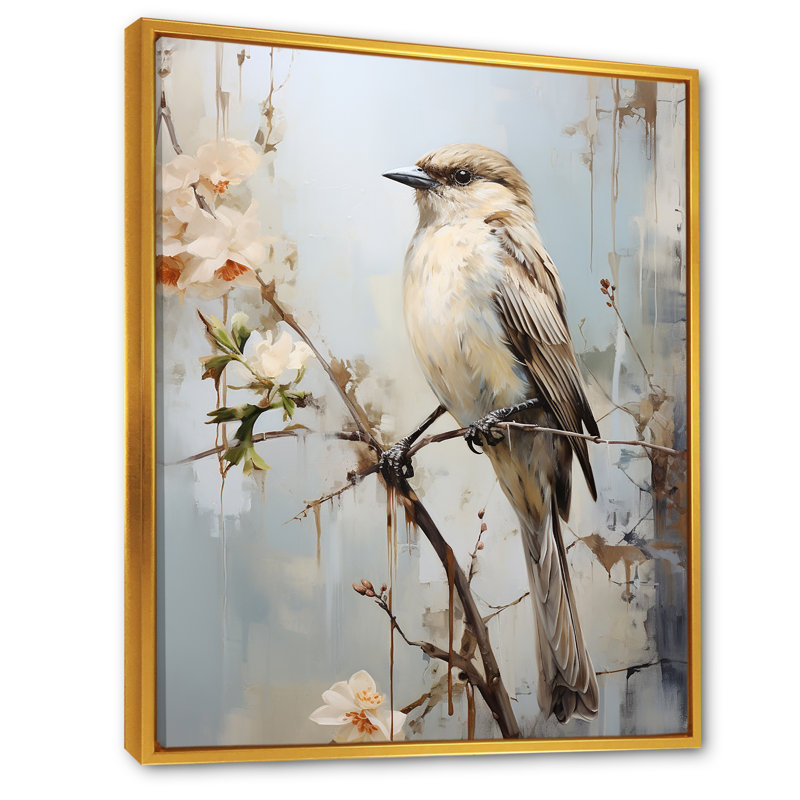 Minimalisme, oiseau beige sur une branche, Cadre flottant doré, H 44 po x l 34 po x P 1,5 po