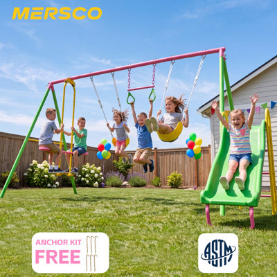 Mersco Metal 5 in 1 Swing Set with 2 Pcs Glider Swing,2 Pcs Adjustable Sling Swing Seats, Trapeze Bar Swing and Wave Slide for Backyard,Playground,Blue Orange