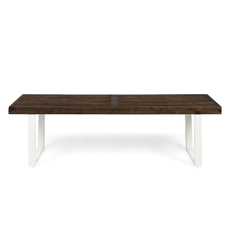 Contemporary Wood Dining Bench, 63.08 Inches Long, Dark Brown And White, Iron Legs, Assembly Required Modern Bench With Product Depth, Suitable For Outdoor Use