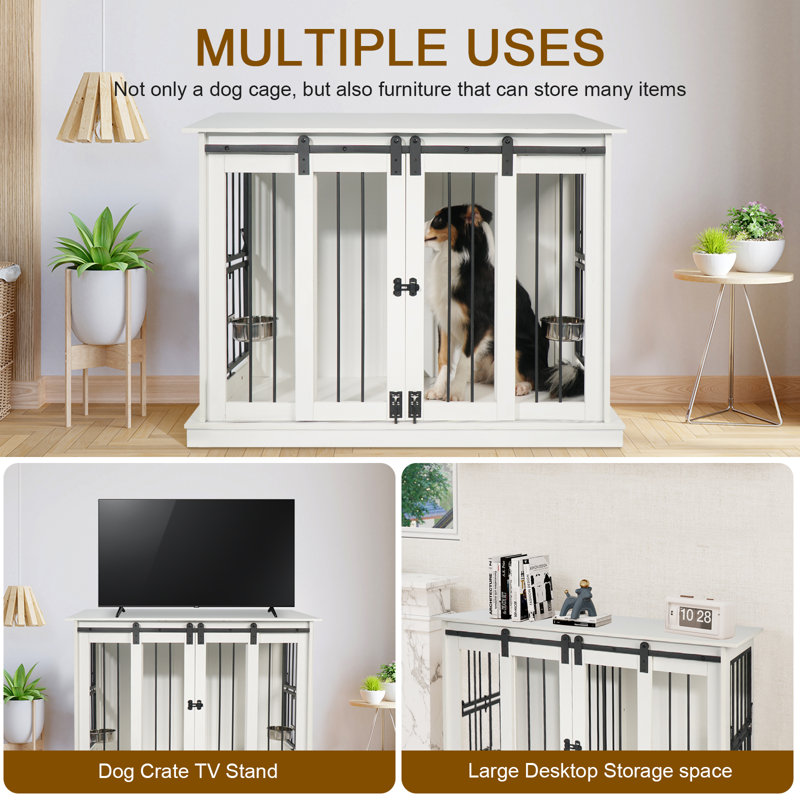 White Medium Wooden Dog Crate Table with Sliding Doors