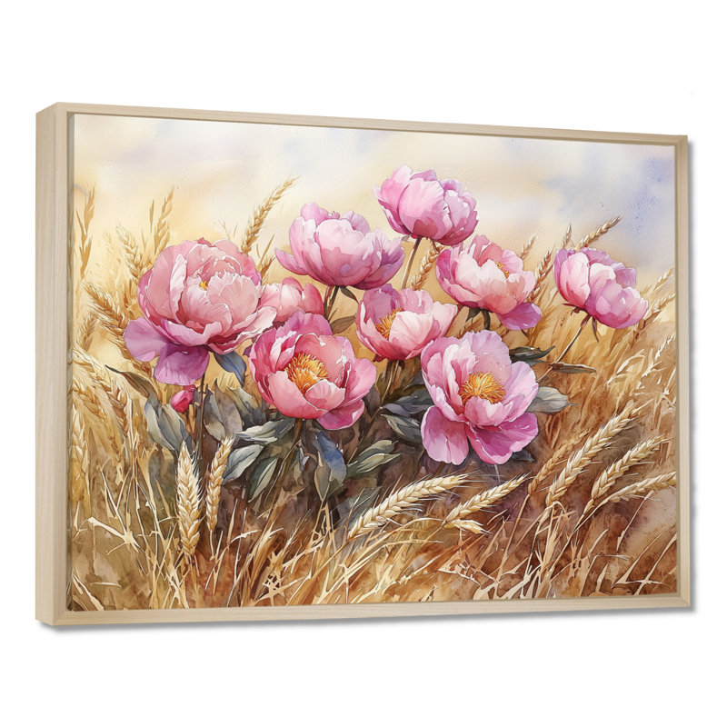Ikisha pivoines dans le champ de blé II - pivoines, art mural, H 12 po x l 20 po, Impression encadrée flottante