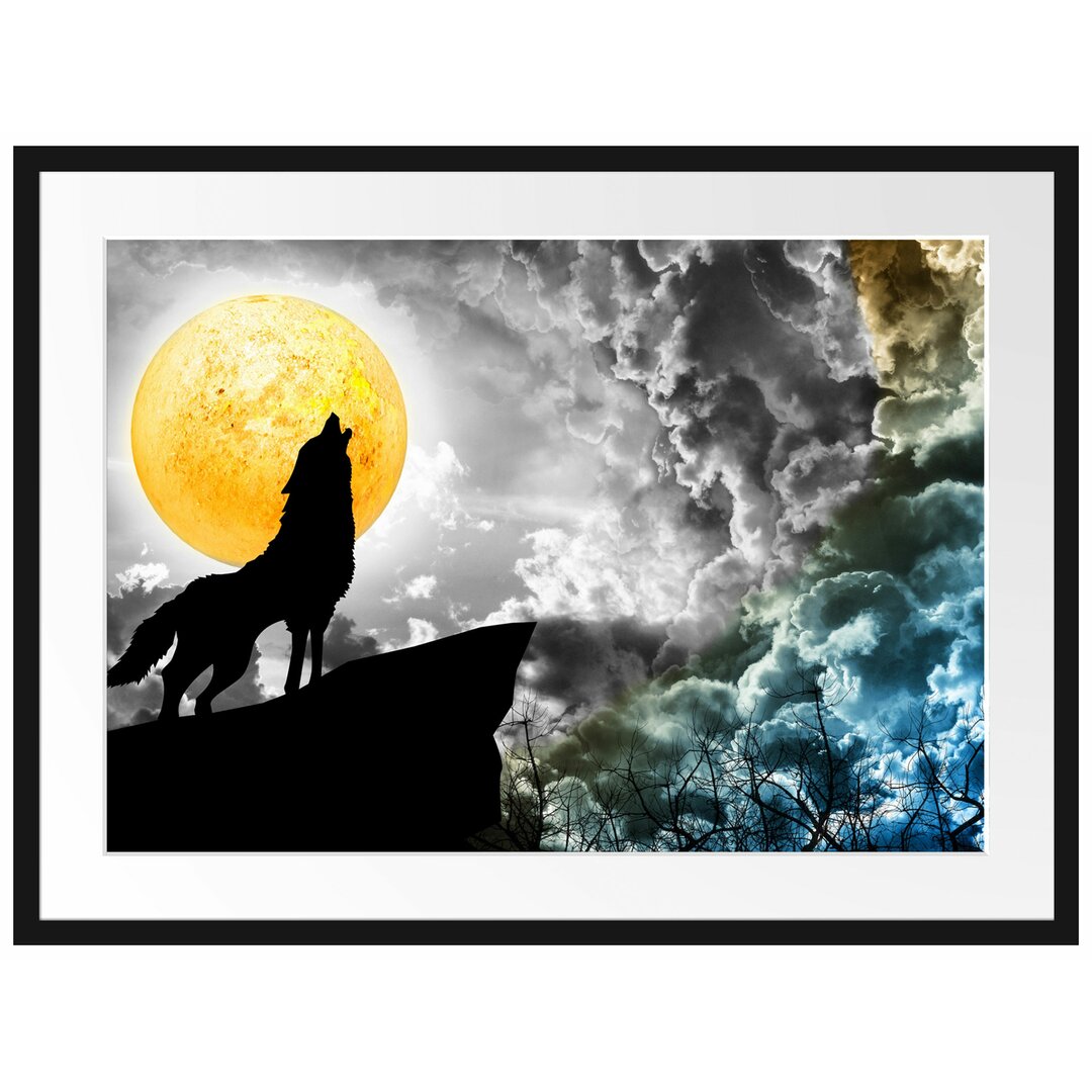 Gerahmtes Poster Mystischer Wolf im Vollmond