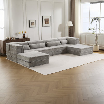 Compression Mahjong Sofa,Convertible Floor Sofa Bed,DIY Boneless Modular Sectional Sofa,No Assembly Required,Circle Fleece Fabric,Oversized 4 Seater With 2 Ottoman,Light-Grey