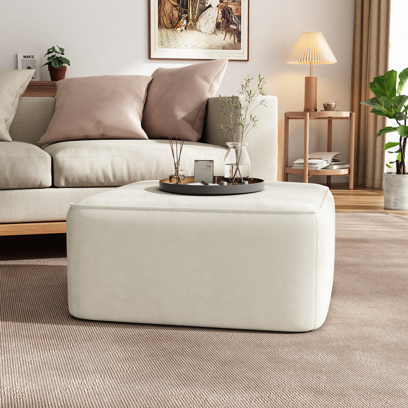  Table basse carrée rembourrée avec repose-pieds et conception moderne à profil bas, crème, Velours crème