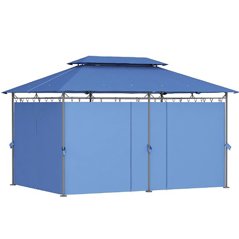 Pavillon de jardin bleu spacieux à deux niveaux avec rideaux d'intimité amovibles, structure en métal robuste et ensemble d'ancrage pour la cour et la terrasse
