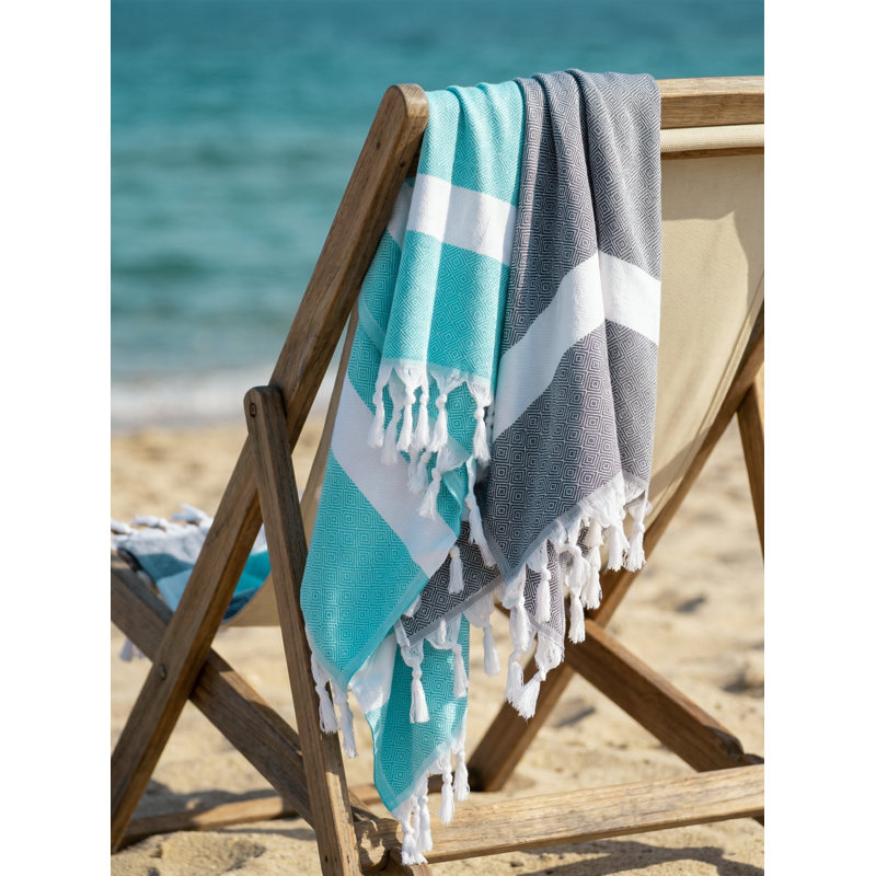 Serviette de plage turquoise en coton à rayures Charleston, Turquoise