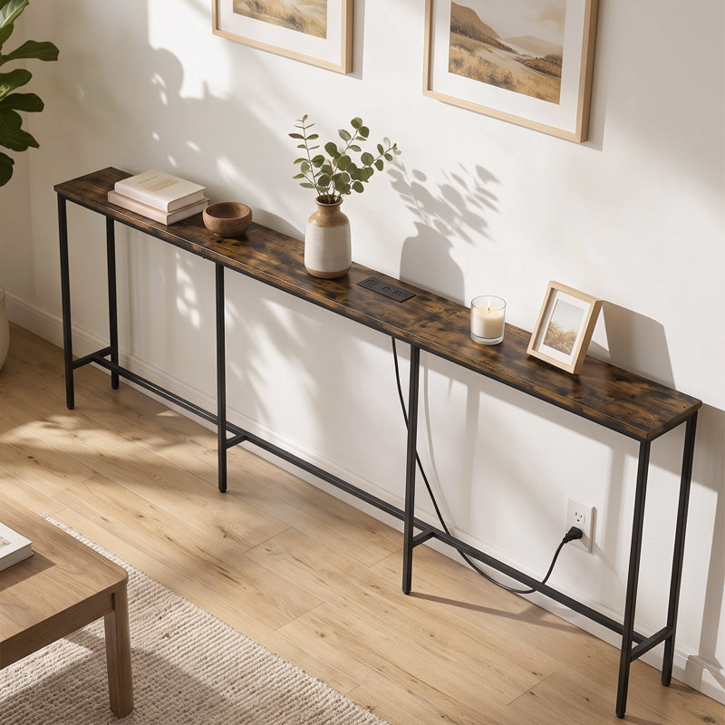 Console extra longue de 240 cm avec station de recharge, table d'entrée marron rustique avec ports USB et prises électriques pour salon et couloir