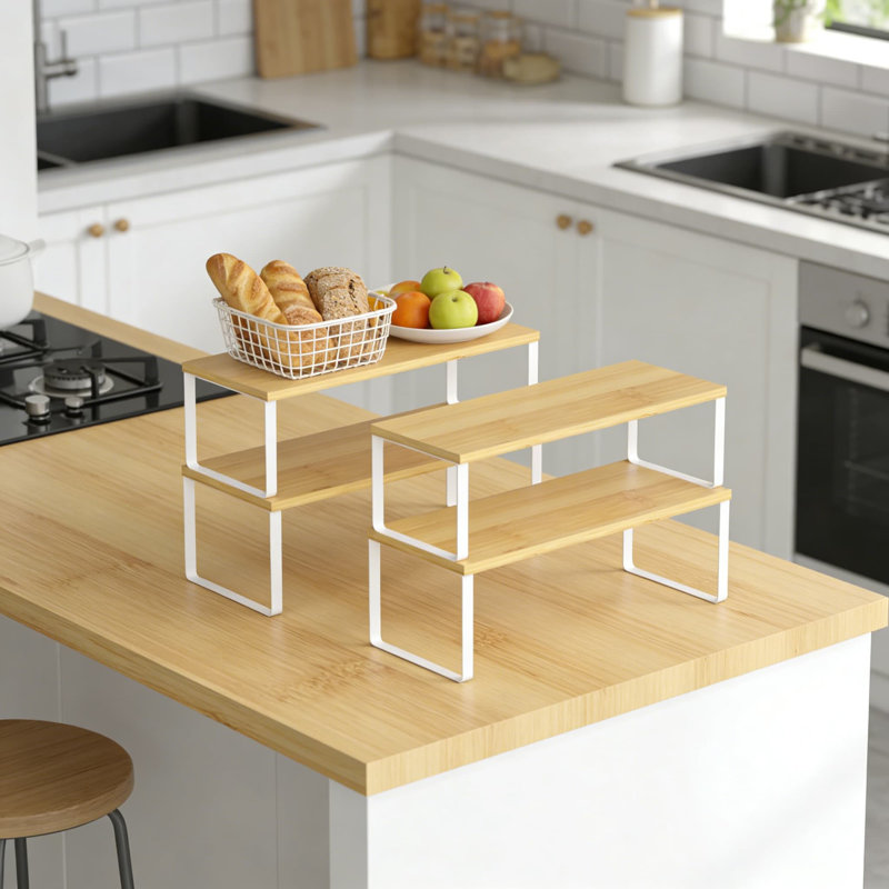 Ensemble de tablettes de rangement empilables et extensibles, support de rangement en bois et métal pour comptoir, garde-manger et armoire, conception peu encombrante pour les épices et les canettes