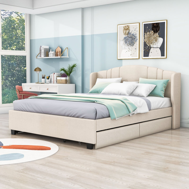 Lit de rangement tapissier festonné Fershteh, Beige