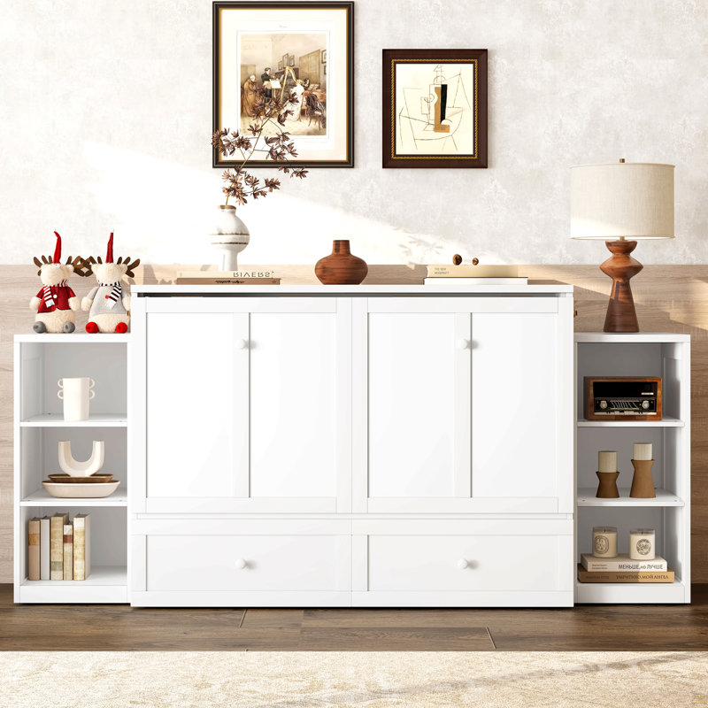 Lit escamotable double avec tiroirs et tablettes de rangement spacieux, Double, Blanc