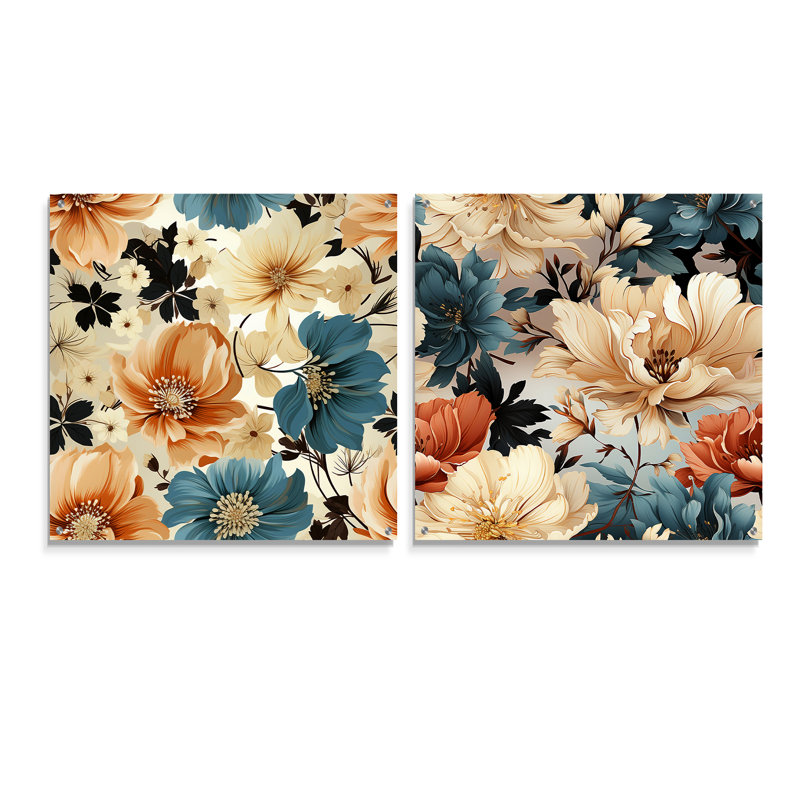 «Blue and Beige Coastal Tranquil Florals Collage Unveile», ensemble de 2 peintures murales en acrylique, H 36 po x l 73 po