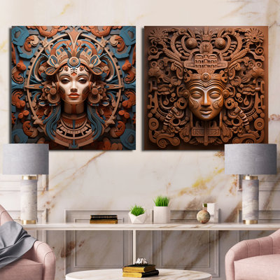 Masque Mesoamérican en terre cuite - ensemble de 2 collages carrés mexicains