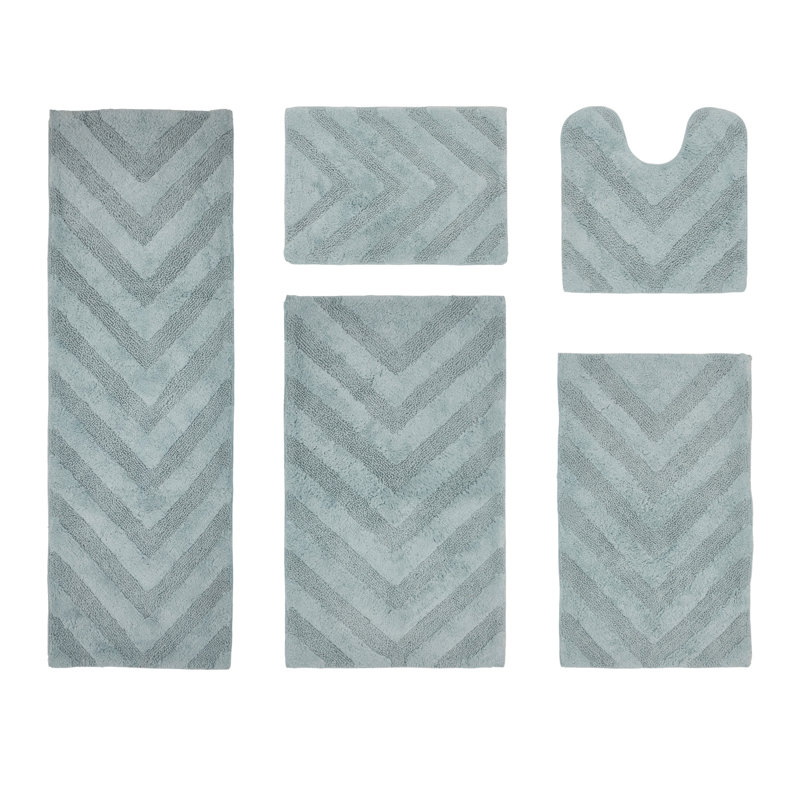 Hugo Premium 100% Cotton 5 Piece Bath Rug Sets with Non-Slip Backing, Machine Washable, Luxurious Chervon Pattern Super Absorbent & Tufted Weave Bath Mat for Bathroom, Shower, and Tub