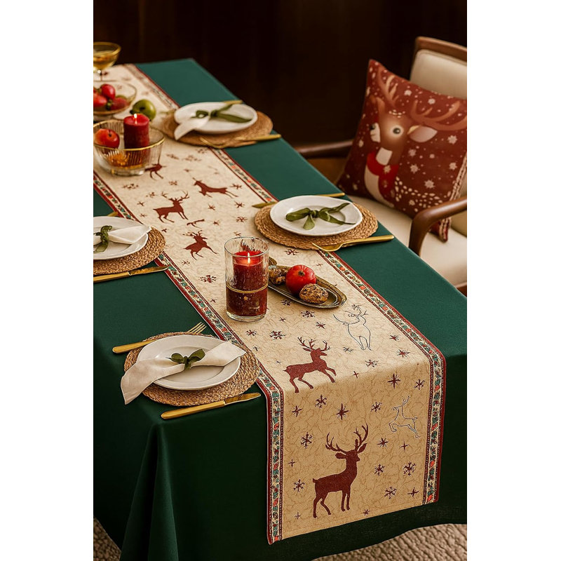 Red Reindeer & Snowflake Christmas Table Runner 13" X 72", Red