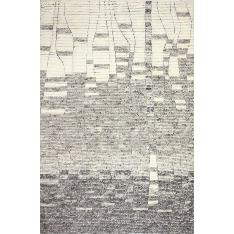 Gray and Ivory Hand-Knotted Wool Abstract Runner Rug