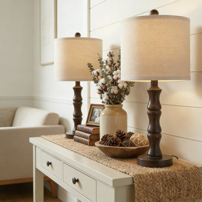 Classic Table Lamps Set Of 2, Farmhouse Nightstand Lamps With Wood-Look Resin Base And Linen Shade, Bedside Lamps For Bedroom, Living Room, And Home Office Decor