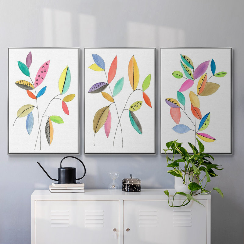 Color Pop Leaves II - Ensemble de 3 cadres flottants sur toile, H 27 po x l 54 po, Cadre flottant argent