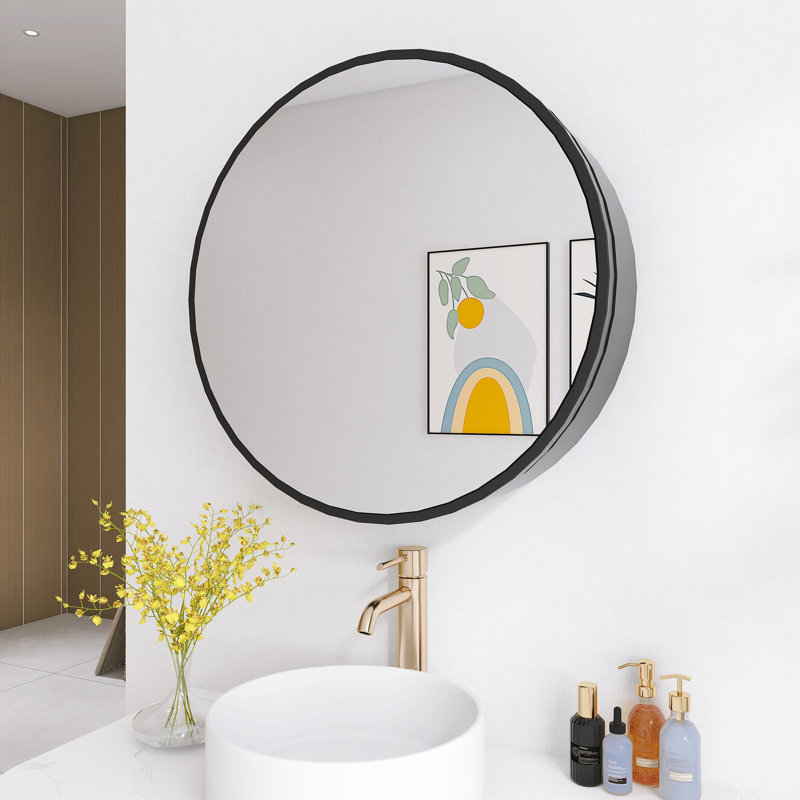 Armoire à pharmacie ronde avec cadre et miroir, Noir, 30"