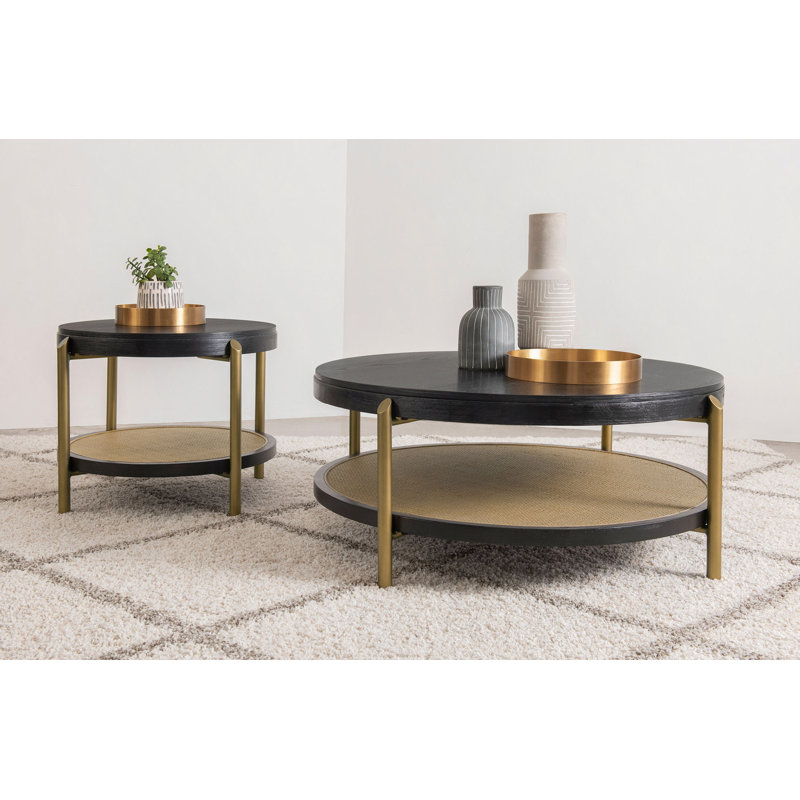 Table d'appoint ronde avec tablette de rangement, Noir